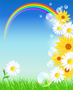 鲜花与绿草和彩虹