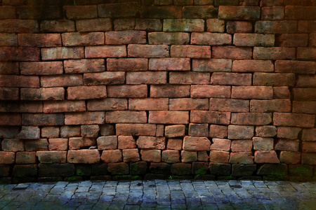 脏 grunge 红色石砖墙与路面