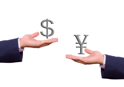 商务男人手交换美元和日元符号