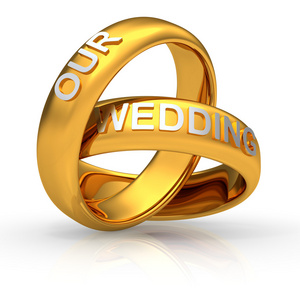 两个金色的结婚戒指，带有文本我们的婚礼