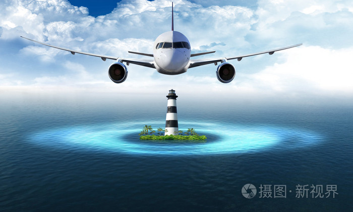 飞机在天空飞岛上的灯塔照片-正版商用图片19r2ar-摄图新视界