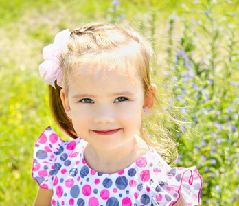 可爱的小女孩，在夏季的一天在草原上的肖像