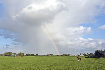 从荷兰与彩虹和 rainclouds 农村