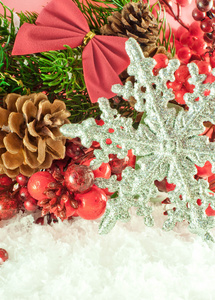 圣诞分支的浆果与反对雪银装饰雪花