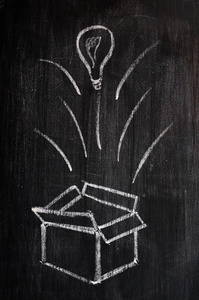 盒子外面思考在黑板上用粉笔绘制的概念