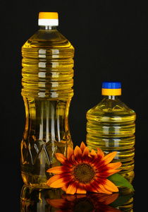 在黑色背景上孤立塑料瓶中的向日葵油