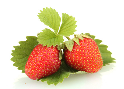 甜美成熟的草莓叶上白色隔离