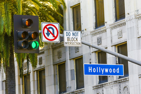 好莱坞大道路牌与高大的棕榈树