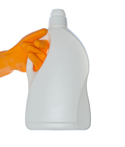 洗涤剂瓶在手上白色隔离