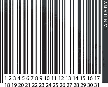 通用 1 月日历，条形码设计。矢量插画