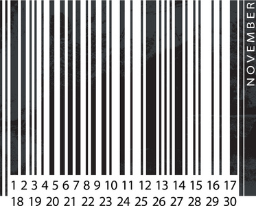 泛型 11 月日历，条形码设计。矢量插画