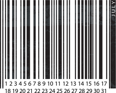 通用 7 月日历，条形码设计。矢量插画