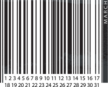 通用 3 月日历，条形码设计。矢量插画