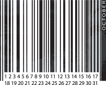 通用 10 月日历，条形码设计。矢量插画