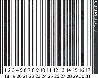 通用 12 月日历，条形码设计。矢量插画