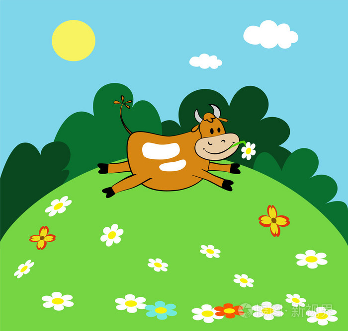 快乐牛在草地上吃草