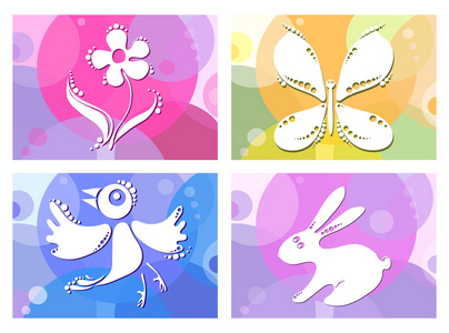 创意矢量插画的小鸟 蝴蝶 花卉和小兔子