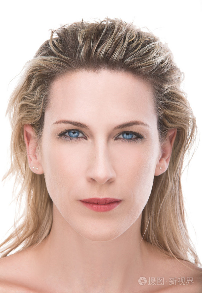 美丽的蓝色眼睛, 金发女子肖像, 白色背景