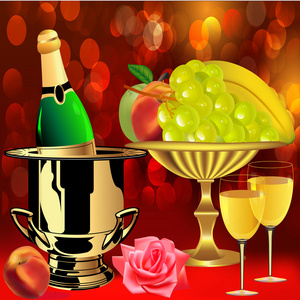 水果瓶香槟玫瑰和酒杯