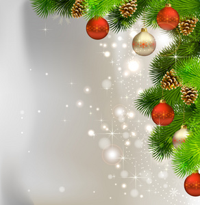 圣诞背景与杉木树 锥体和晚上球