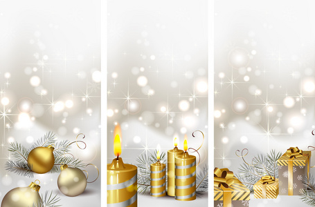三个圣诞贺咭燃烧蜡烛和圣诞礼物一套