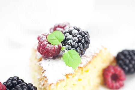 结冰 树莓 黑莓和薄荷白背上的蛋糕