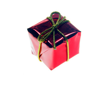 圣诞老人红色礼品与孤立在白色背景上的金丝带
