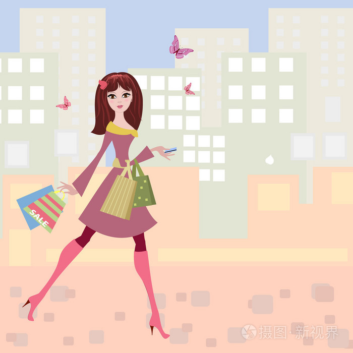 女人漫步城市购物