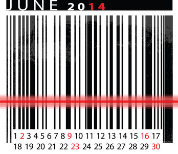 2014 年 6 月的日历，条形码设计。矢量插画