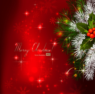 红色背景与圣诞枞树和冬青