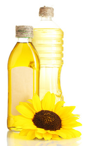 在罐子和向日葵，孤立在白色油