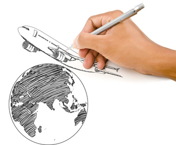 手绘图飞机在世界各地的旅行