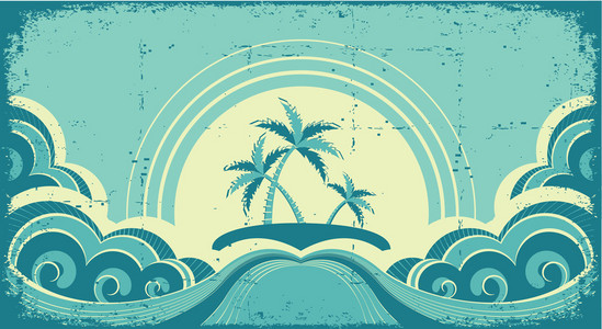 复古海景与 island.grunge 图像上的热带棕榈树