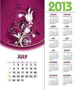 2013 日历。7 月