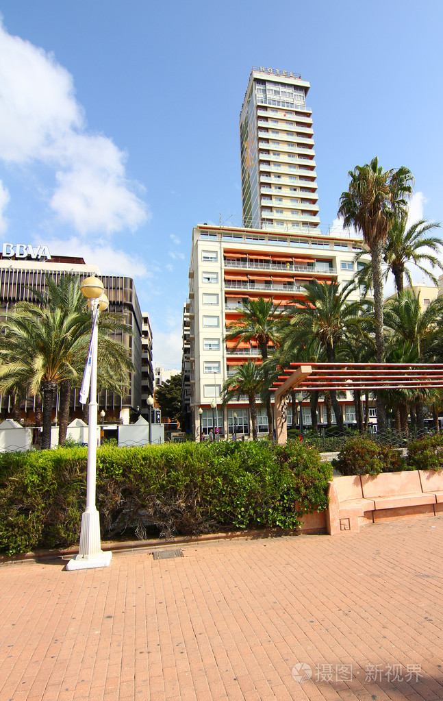 建筑物和棕榈树典型的阿利坎特市西班牙