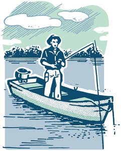 黑色和白色版本的卡通风格形象的一个钓鱼的人
