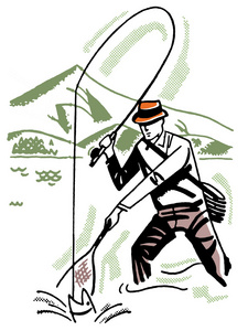 黑色和白色版本的卡通风格形象的一个钓鱼的人
