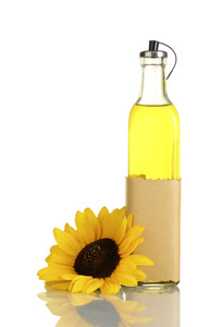 在瓶和向日葵，孤立在白色油
