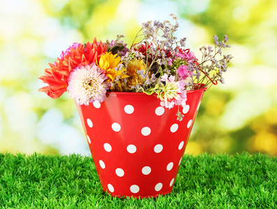 红桶与白色小圆点与绿色背景上的花朵