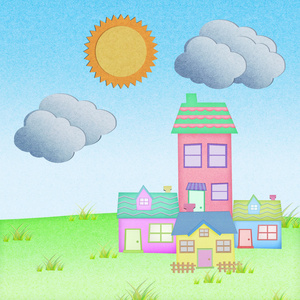房子从回收纸草领域与太阳和云
