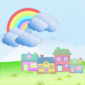 房子从回收纸草字段彩虹背景