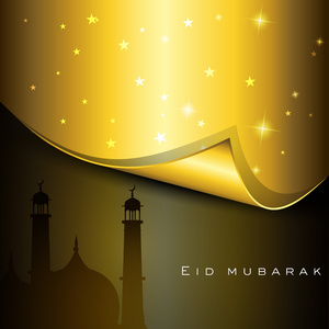 美丽的 eid 穆巴拉克贺卡与闪亮银月亮与创意绿色光线背景上的明星。10 eps