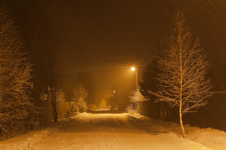 在晚上的大雪。莫斯科地区。俄罗斯