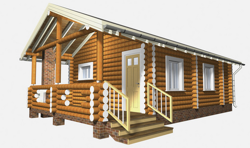 木木材的房子。3d 模型呈现。白背上隔离
