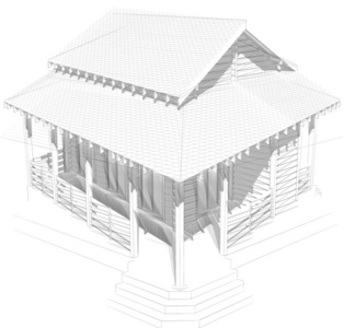 木木材的房子。3d 模型呈现。白背上隔离