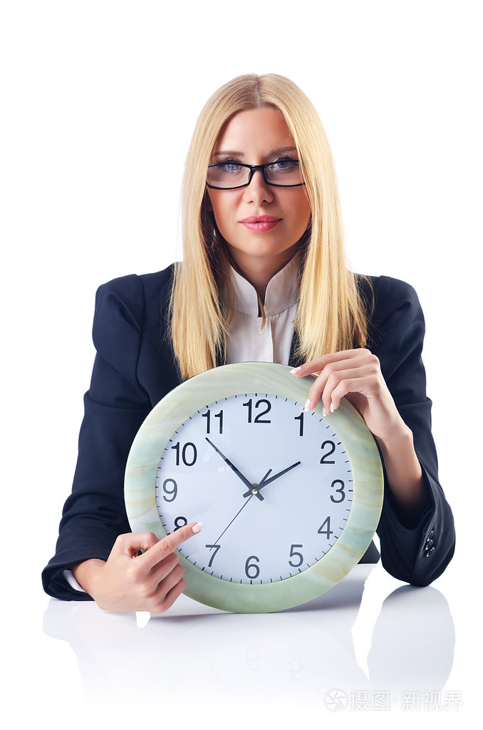 与时钟上白色孤立的女商人