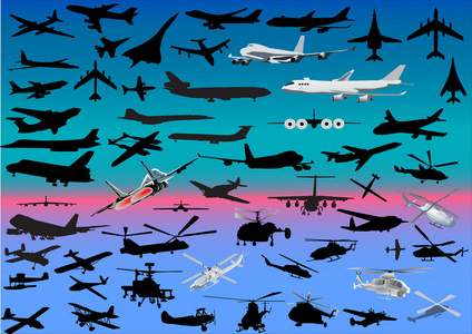 飞机和直升机在蓝蓝的天空