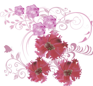 三个大粉色的花和小蝴蝶
