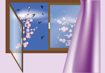 窗口 樱桃树花和鸟