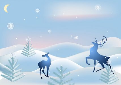 鹿在蓝色冬季风景